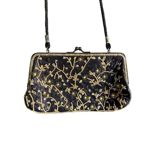 Vintage Lancome Beaded Gold Beads Flowers Shoulder Clutch Bag Women Black - Picture 3 of 10